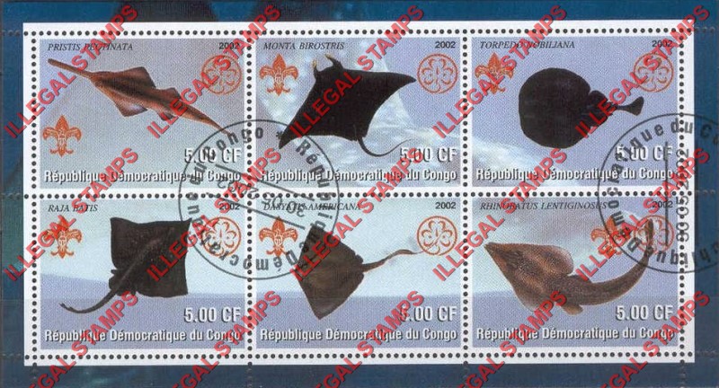 Congo Democratic Republic 2002 Fish Rajiformes Illegal Stamp Souvenir Sheet of 6