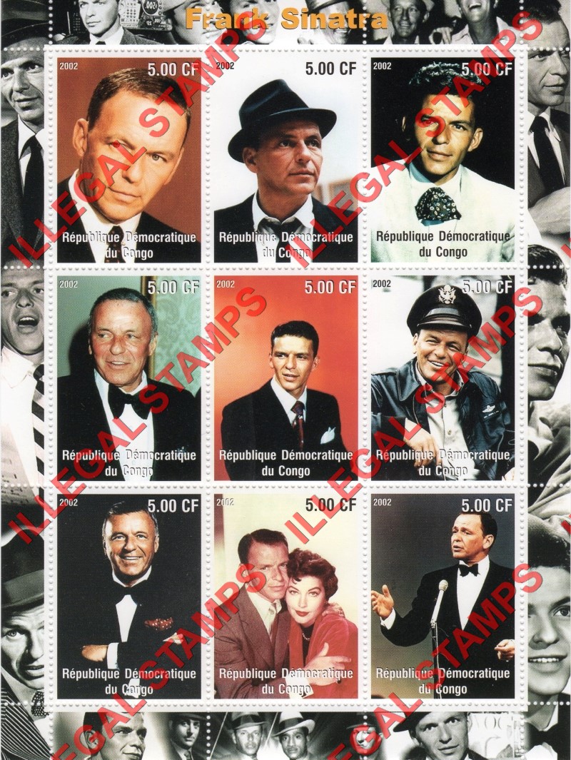 Congo Democratic Republic 2002 Frank Sinatra Illegal Stamp Sheet of 9