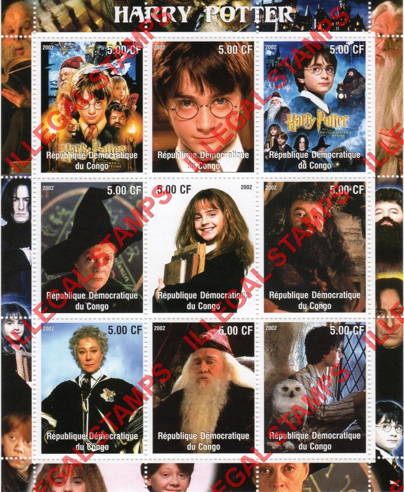 Congo Democratic Republic 2002 Harry Potter Illegal Stamp Sheet of 9