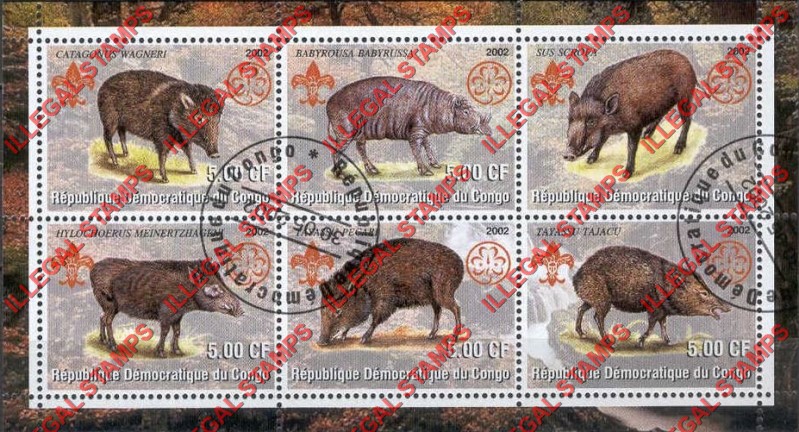 Congo Democratic Republic 2002 Hogs Suidae Illegal Stamp Souvenir Sheet of 6