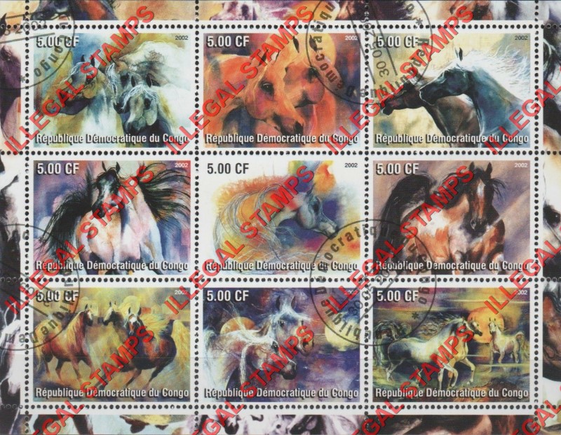 Congo Democratic Republic 2002 Horses Illegal Stamp Sheet of 9