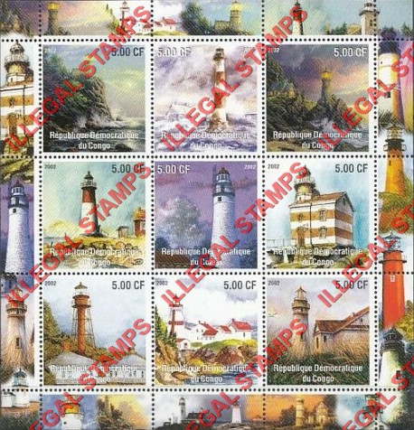 Congo Democratic Republic 2002 Lighthouses Illegal Stamp Sheet of 9