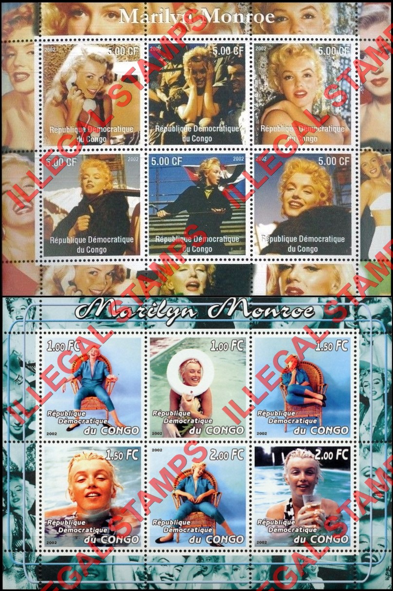 Congo Democratic Republic 2002 Marilyn Monroe Illegal Stamp Souvenir Sheets of 6