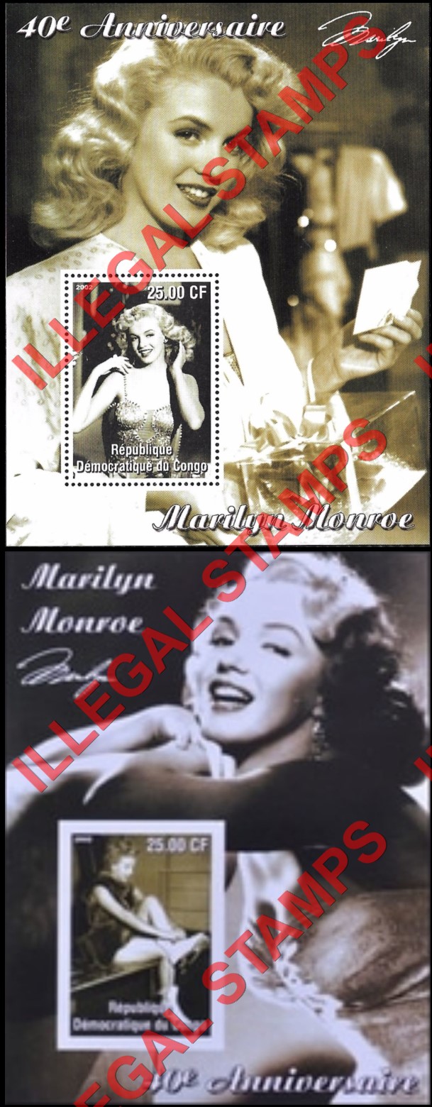 Congo Democratic Republic 2002 Marilyn Monroe Illegal Stamp Souvenir Sheets of 1 (Part 1)