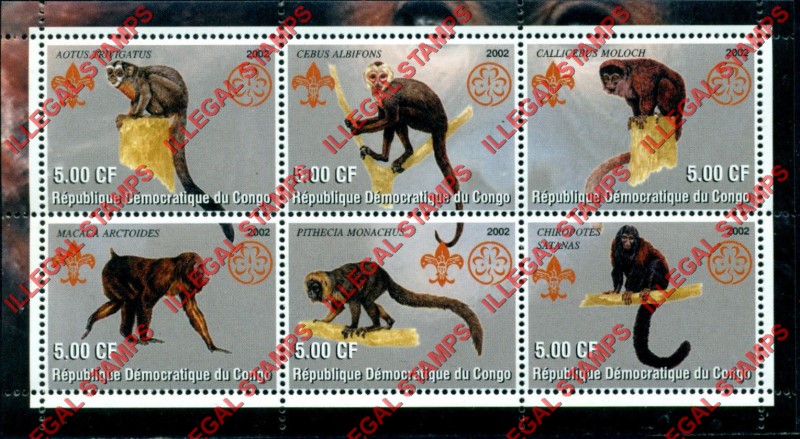 Congo Democratic Republic 2002 Monkeys Illegal Stamp Souvenir Sheet of 6