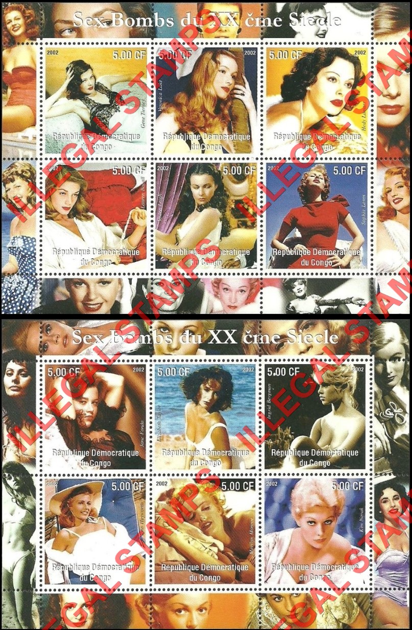 Congo Democratic Republic 2002 Movie Stars Sex Bombs Illegal Stamp Souvenir Sheets of 6