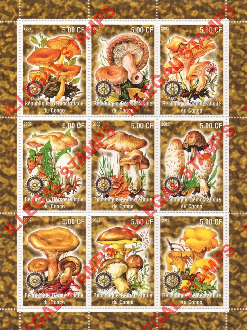 Congo Democratic Republic 2002 Mushrooms Illegal Stamp Sheet of 9