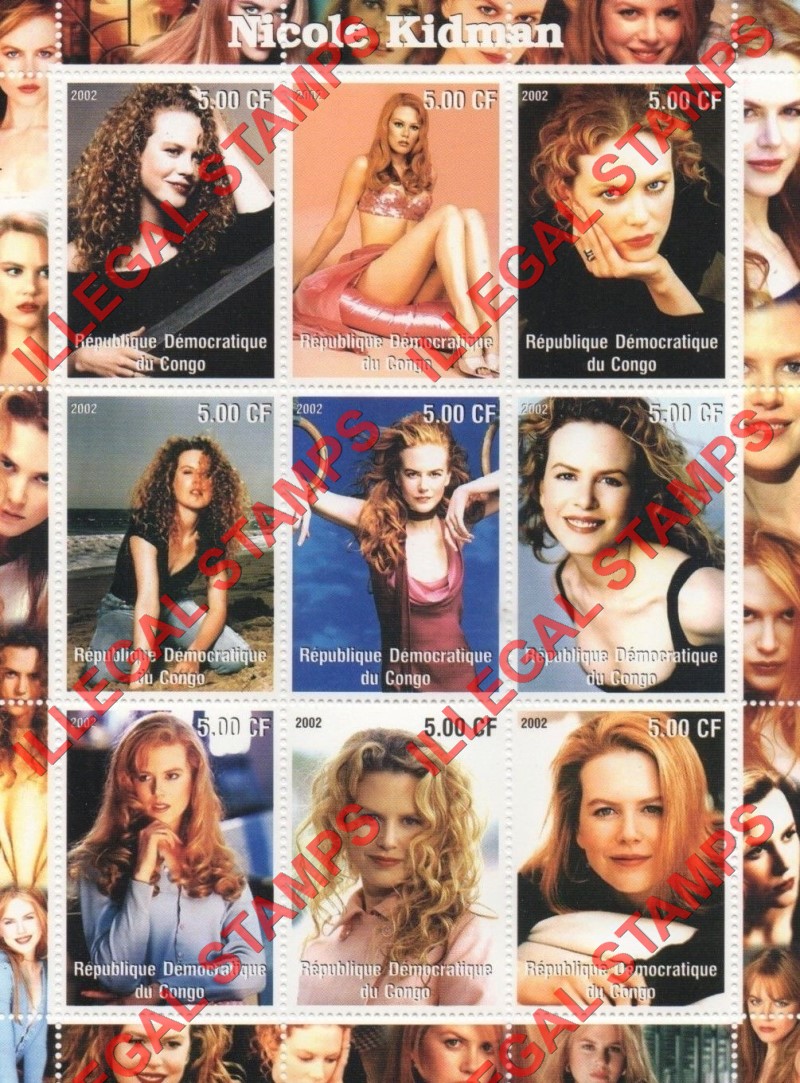 Congo Democratic Republic 2002 Nicole Kidman Illegal Stamp Sheet of 9