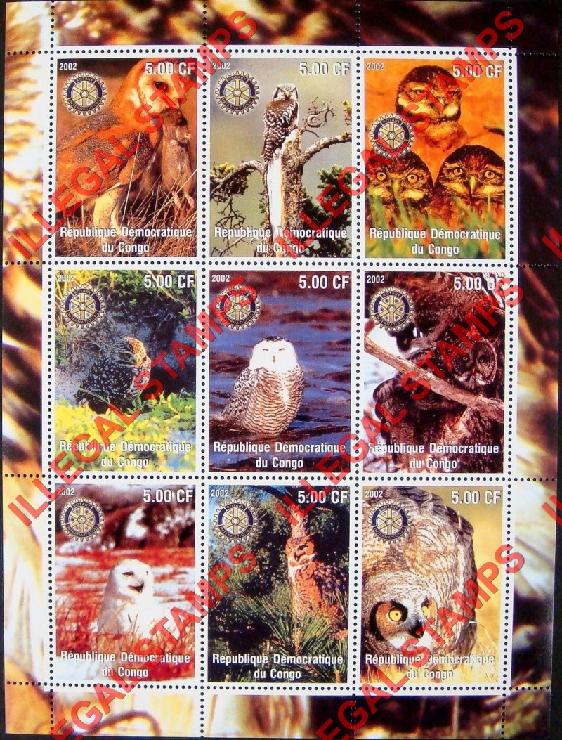 Congo Democratic Republic 2002 Owls Illegal Stamp Sheet of 9