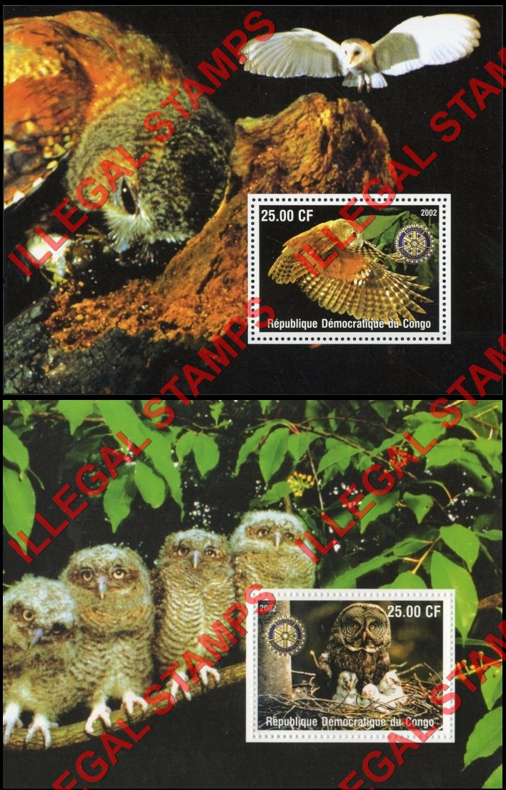 Congo Democratic Republic 2002 Owls Illegal Stamp Souvenir Sheets of 1