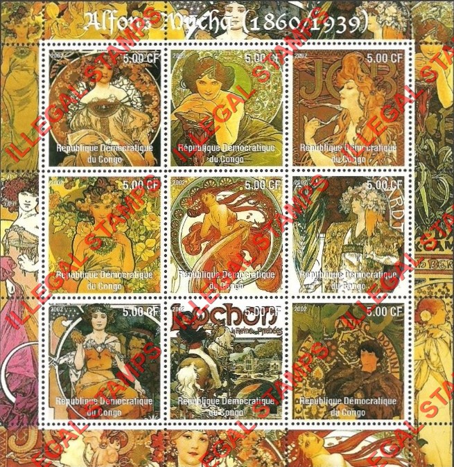 Congo Democratic Republic 2002 Paintings by Alfons Mucha Illegal Stamp Sheet of 9