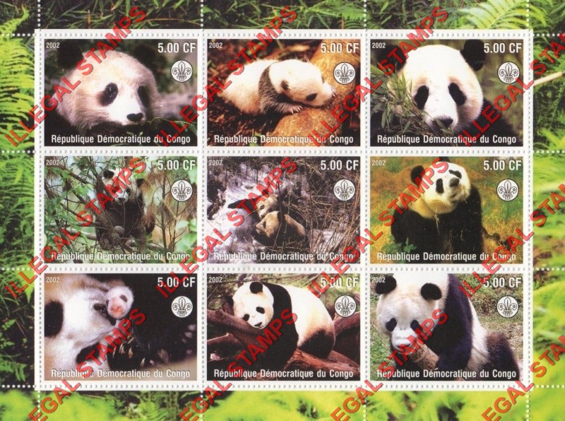 Congo Democratic Republic 2002 Pandas Illegal Stamp Sheet of 9