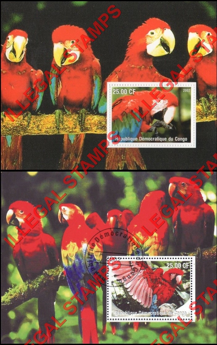 Congo Democratic Republic 2002 Parrots Illegal Stamp Souvenir Sheets of 1