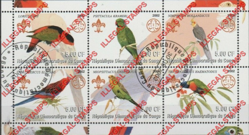 Congo Democratic Republic 2002 Parrots Illegal Stamp Souvenir Sheet of 6