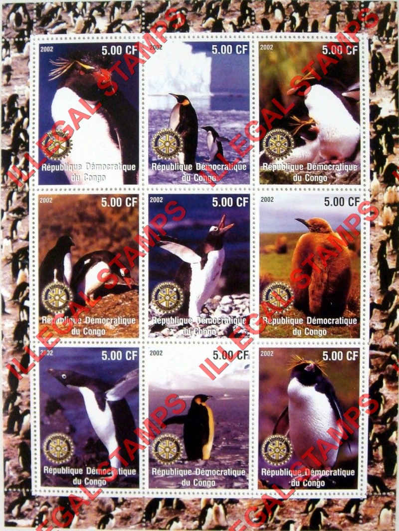 Congo Democratic Republic 2002 Penguins Illegal Stamp Sheet of 9