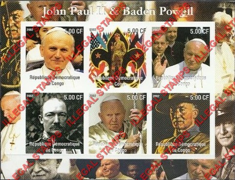 Congo Democratic Republic 2002 Pope John Paul II and Baden Powell Illegal Stamp Souvenir Sheet of 6