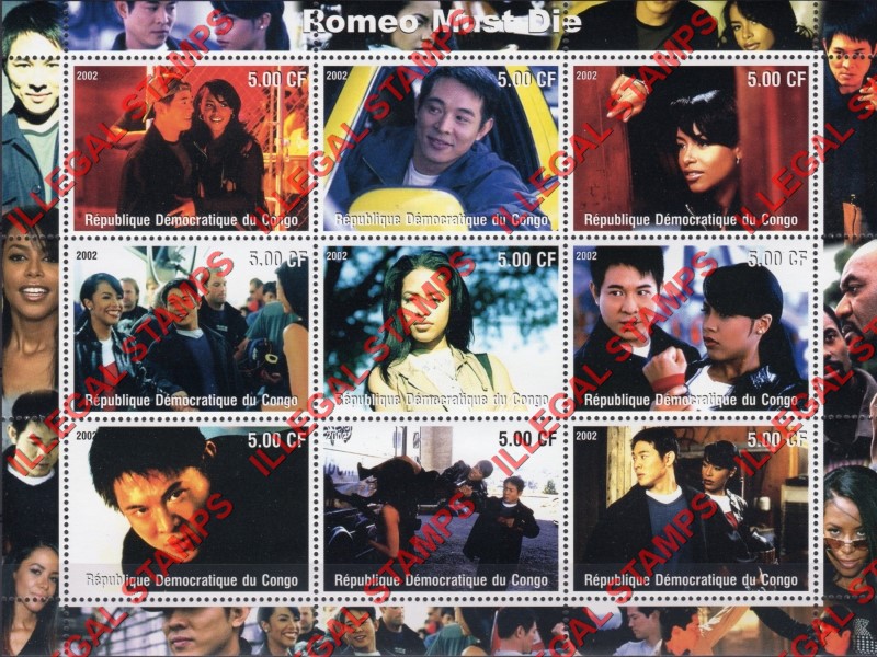 Congo Democratic Republic 2002 Romeo Must Die Starring Jet Lee Illegal Stamp Sheet of 9