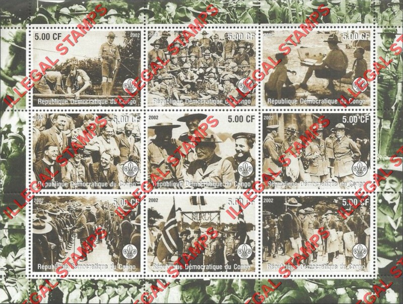 Congo Democratic Republic 2002 Scouts Baden Powell Illegal Stamp Sheet of 9