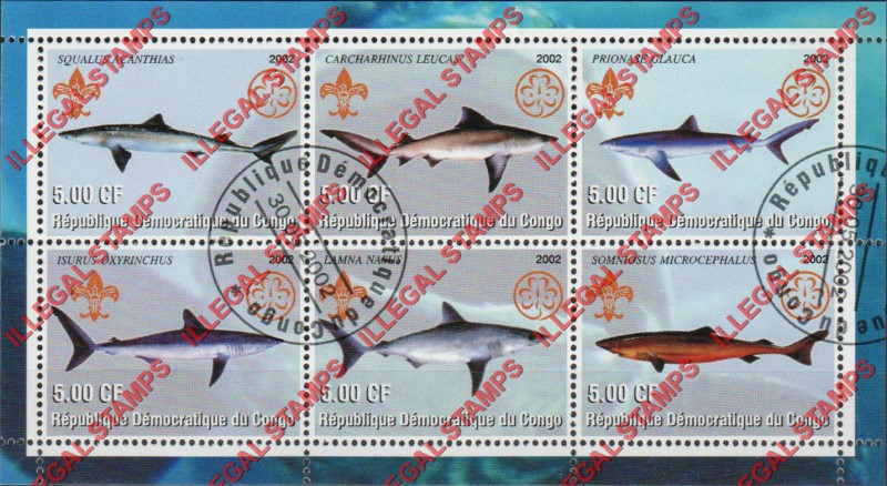 Congo Democratic Republic 2002 Sharks Illegal Stamp Souvenir Sheet of 6