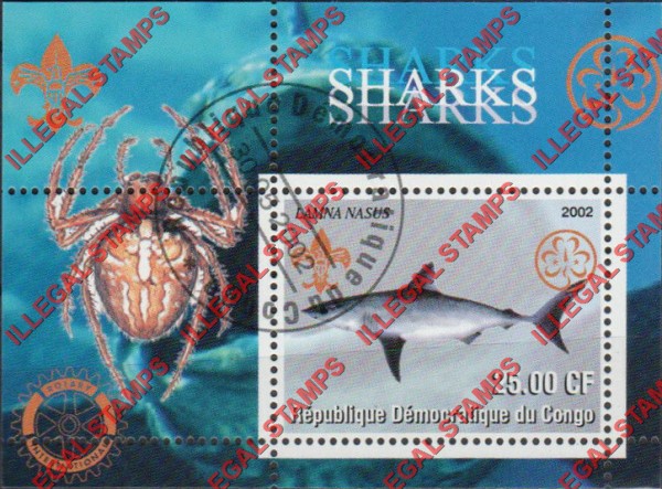 Congo Democratic Republic 2002 Sharks Illegal Stamp Souvenir Sheet of 1