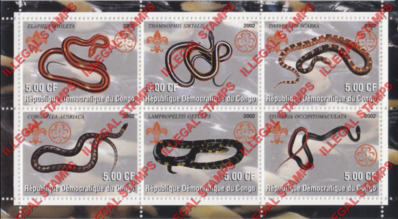 Congo Democratic Republic 2002 Snakes Illegal Stamp Souvenir Sheet of 6