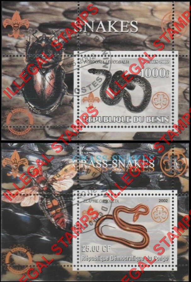 Congo Democratic Republic 2002 Snakes Illegal Stamp Souvenir Sheets of 1