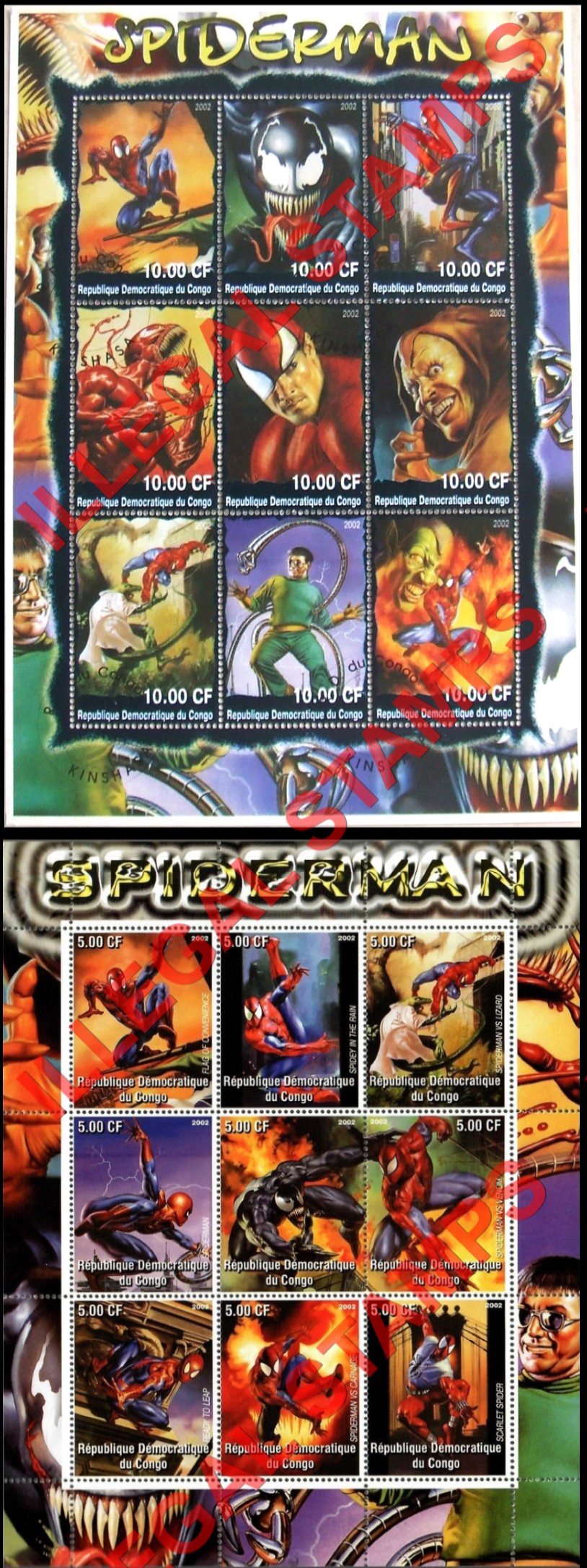 Congo Democratic Republic 2002 Spiderman Illegal Stamp Sheets of 9