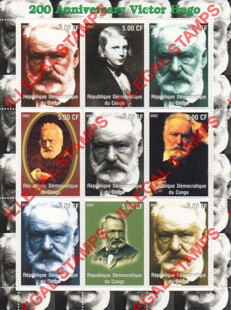 Congo Democratic Republic 2002 Victor Hugo Illegal Stamp Sheet of 9