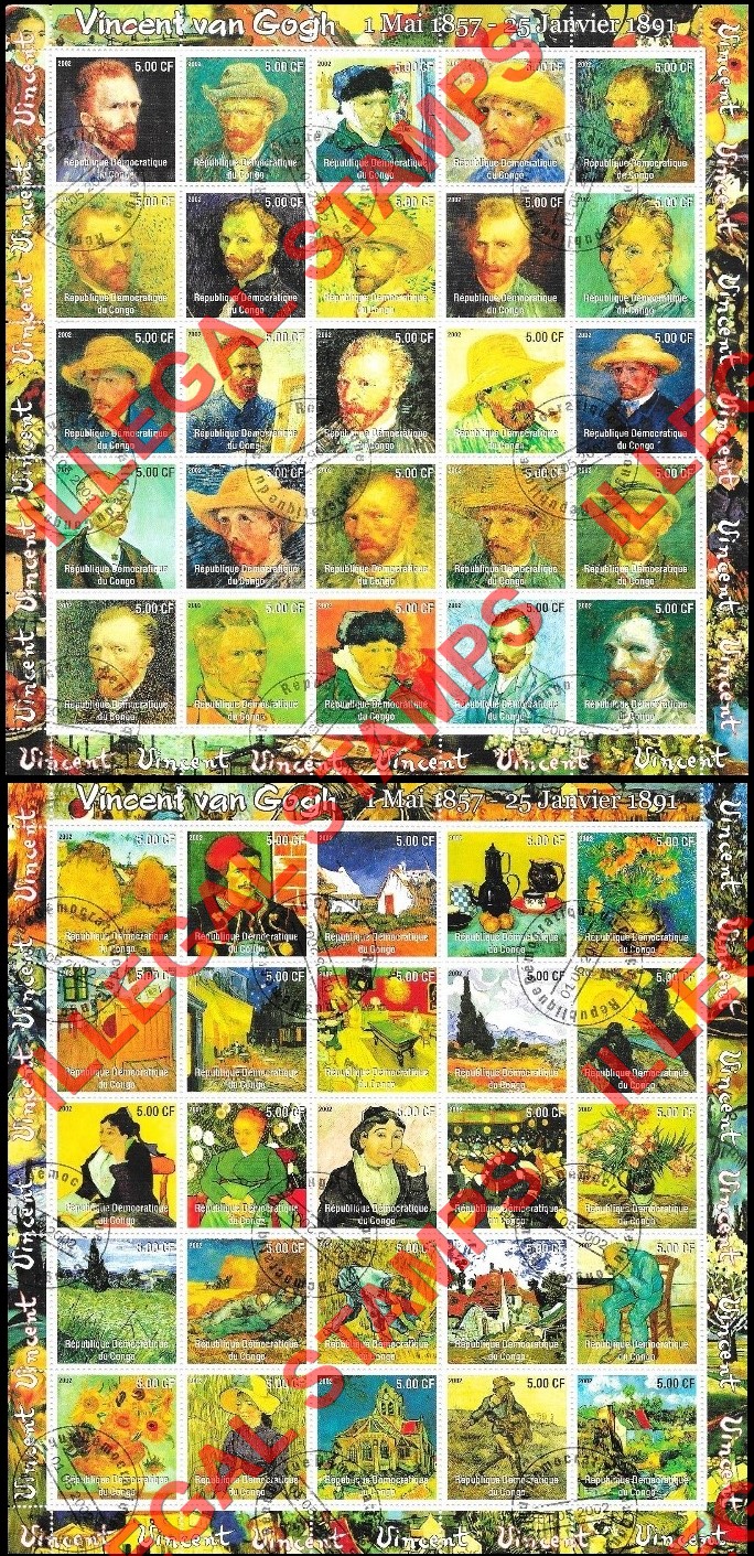 Congo Democratic Republic 2002 Vincent van Gogh Illegal Stamp Sheets of 20