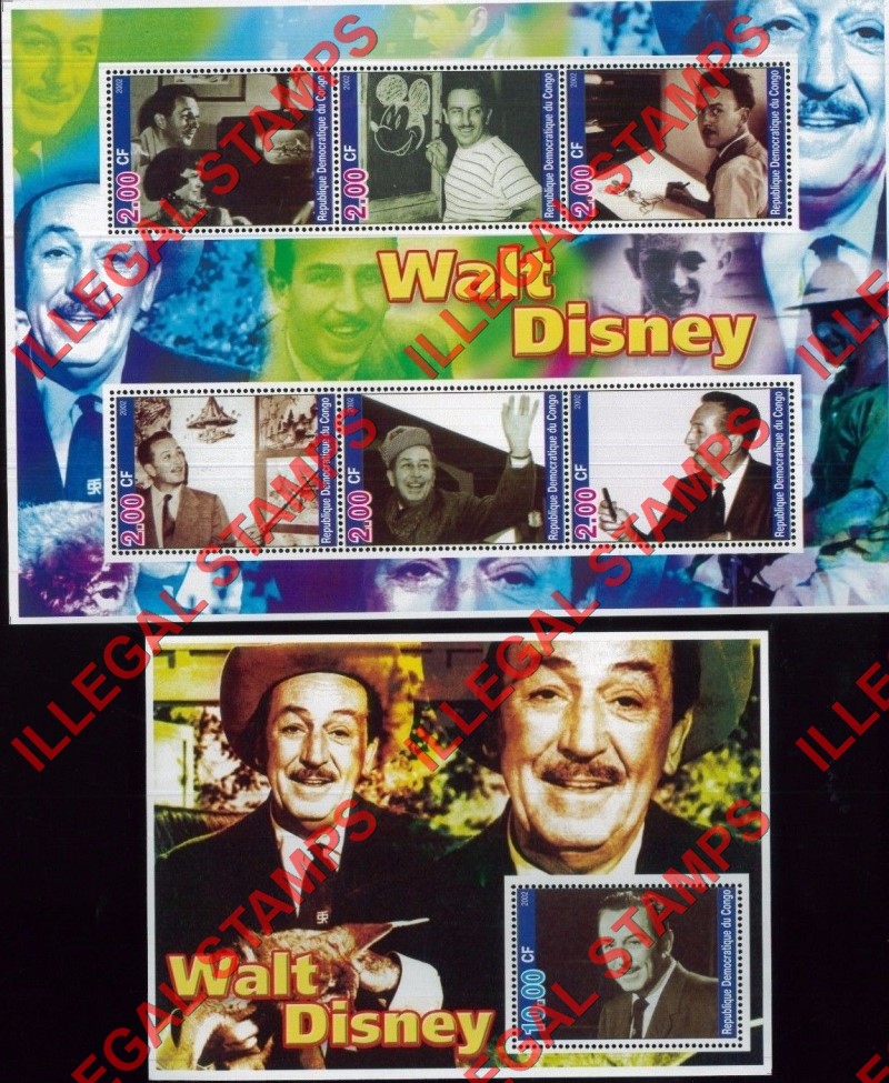Congo Democratic Republic 2002 Walt Disney Illegal Stamp Souvenir Sheets of 6 and 1