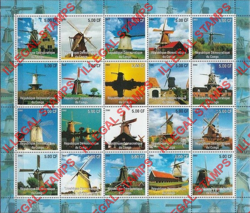 Congo Democratic Republic 2002 Windmills Illegal Stamp Sheet of 20