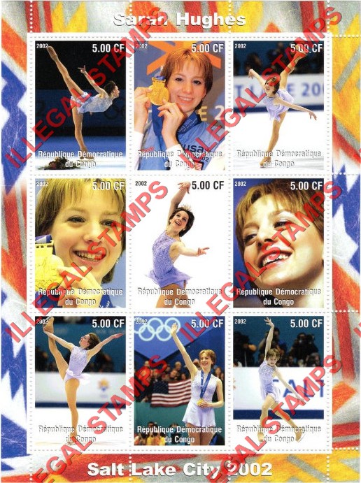Congo Democratic Republic 2002 Winter Olympics Sarah Hughes Skating Illegal Stamp Sheet of 9