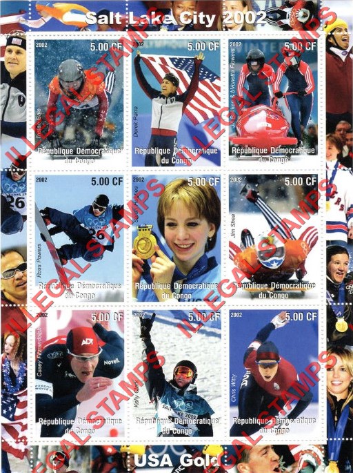 Congo Democratic Republic 2002 Winter Olympics Illegal Stamp Sheet of 9