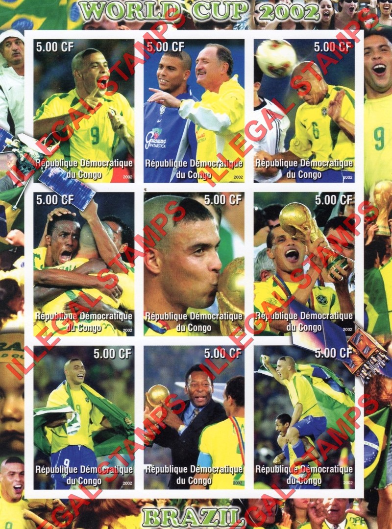 Congo Democratic Republic 2002 World Cup Soccer Brazil Champion Scolari Illegal Stamp Sheet of 9