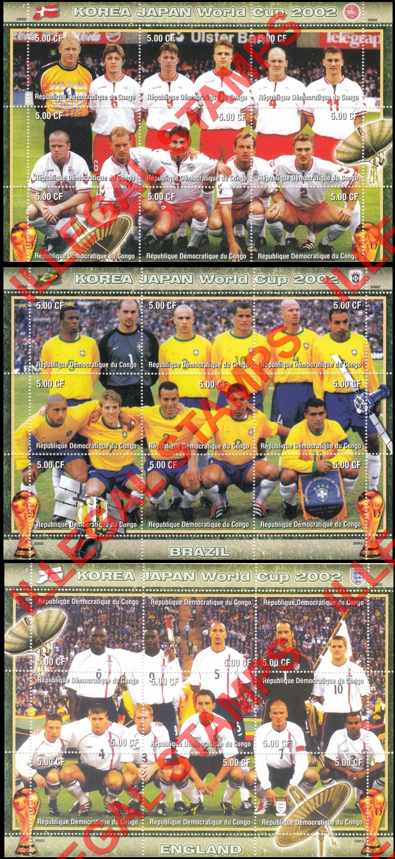 Congo Democratic Republic 2002 World Cup Soccer Teams Illegal Stamp Sheets of 9 (Part 1)
