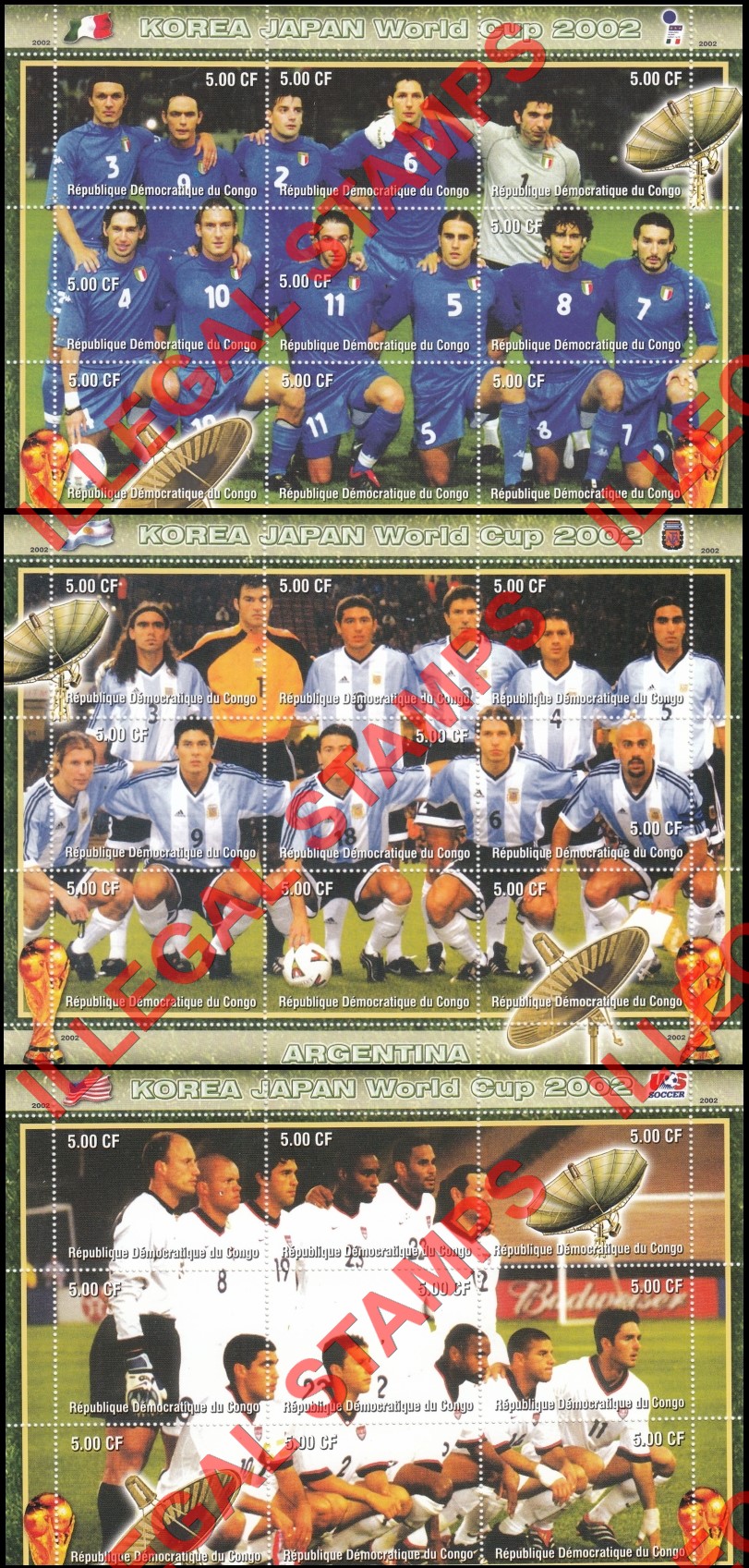 Congo Democratic Republic 2002 World Cup Soccer Teams Illegal Stamp Sheets of 9 (Part 2)