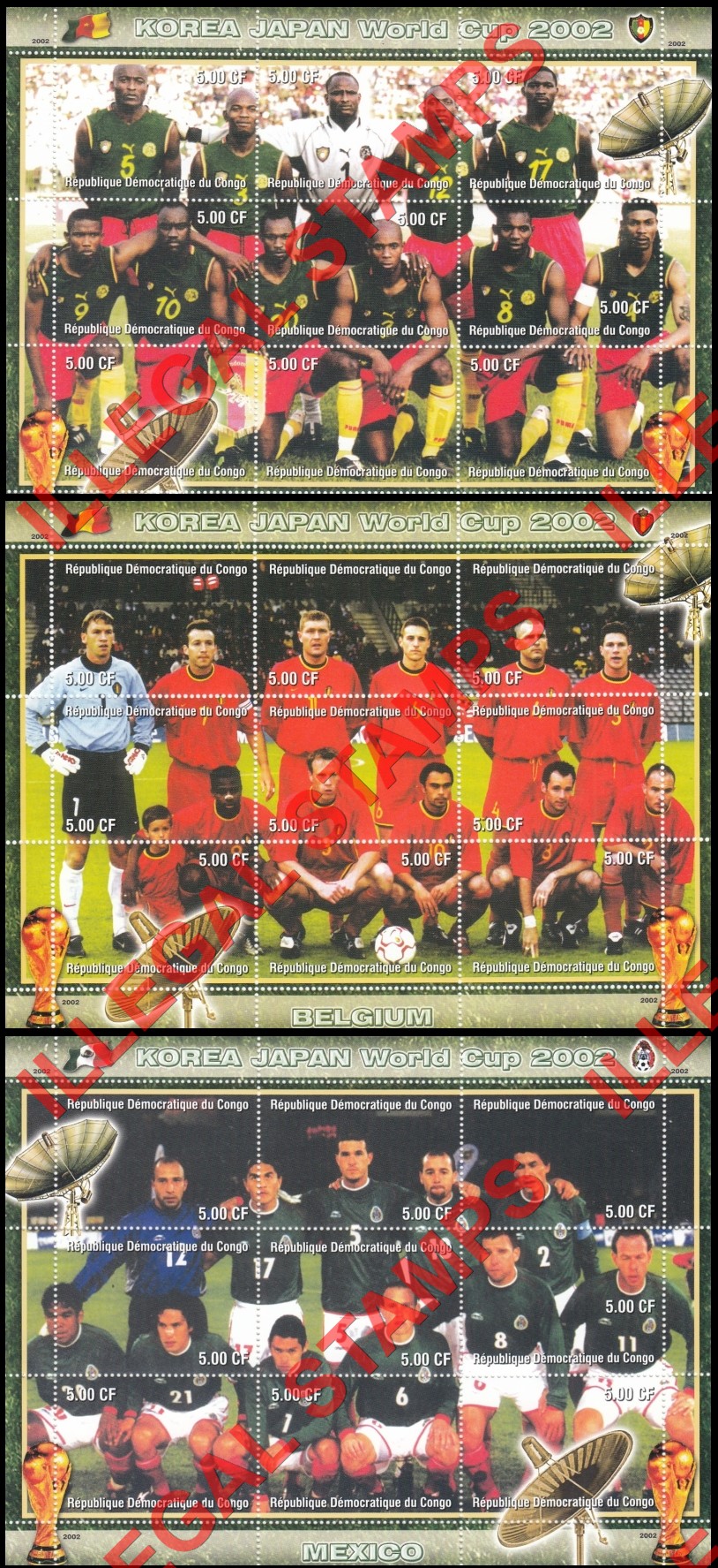 Congo Democratic Republic 2002 World Cup Soccer Teams Illegal Stamp Sheets of 9 (Part 3)