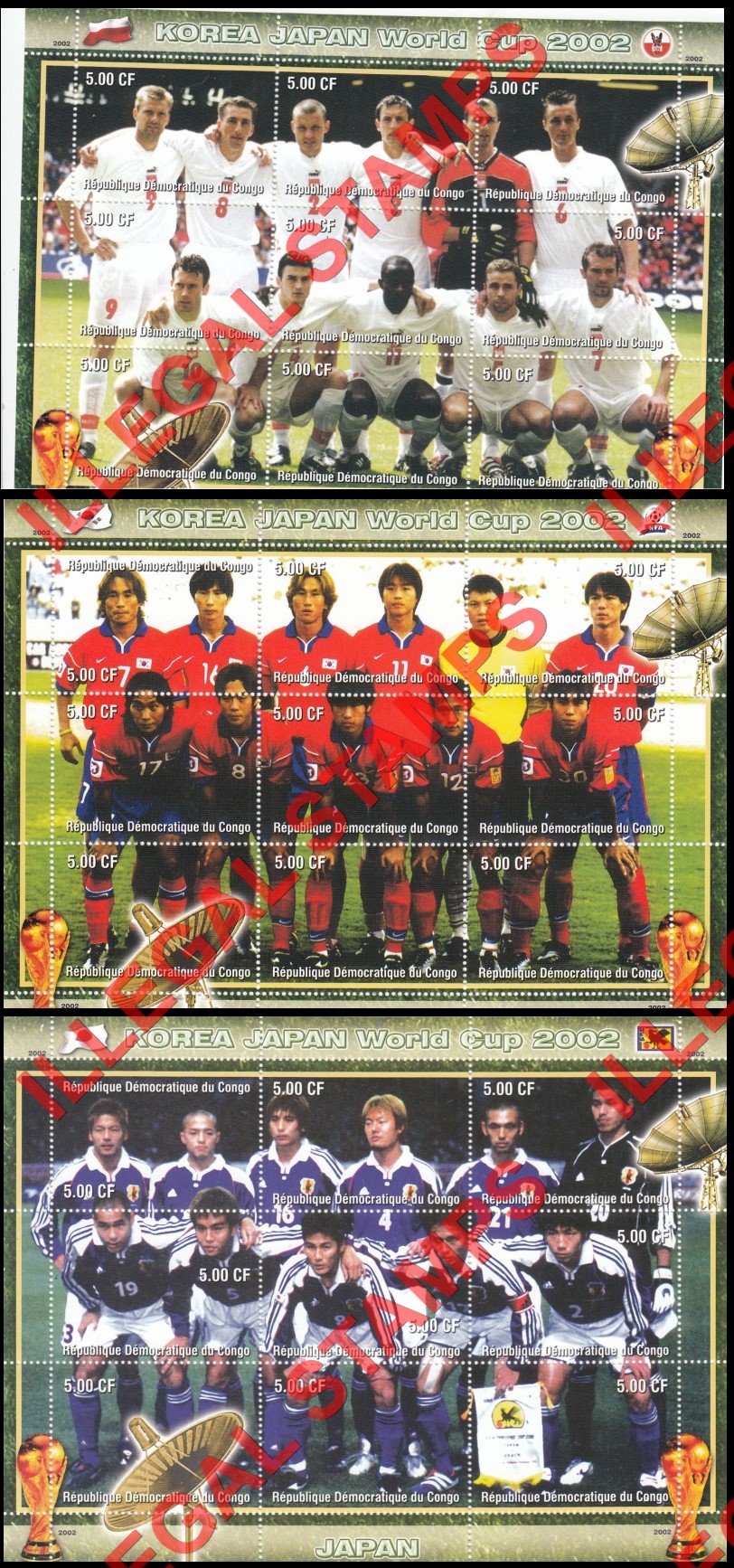 Congo Democratic Republic 2002 World Cup Soccer Teams Illegal Stamp Sheets of 9 (Part 4)
