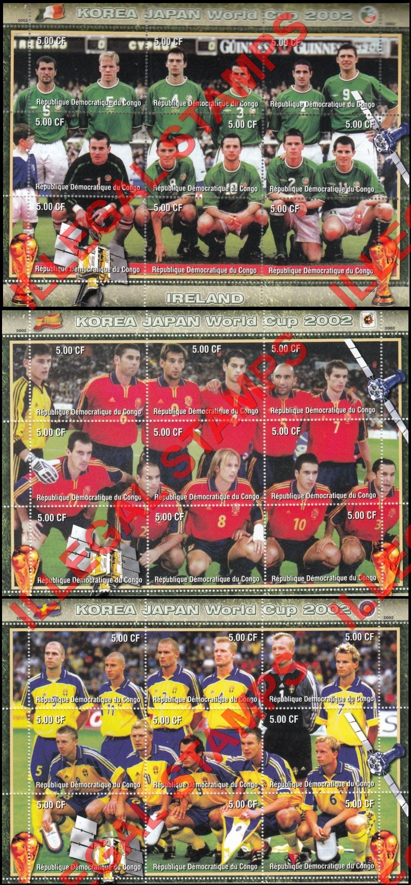 Congo Democratic Republic 2002 World Cup Soccer Teams Illegal Stamp Sheets of 9 (Part 5)