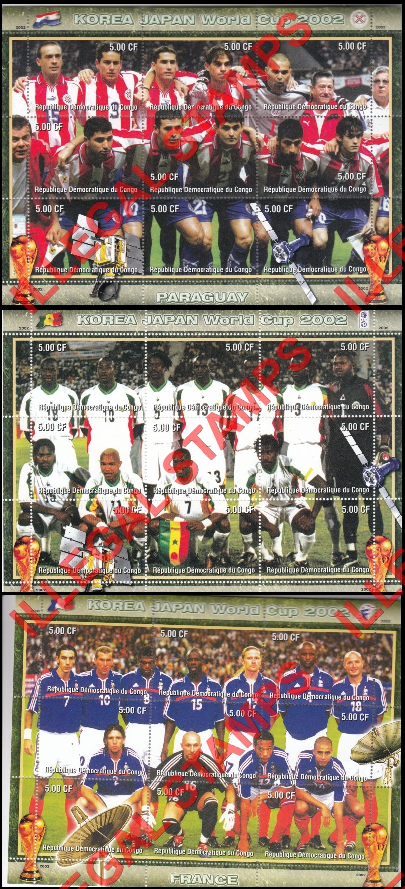 Congo Democratic Republic 2002 World Cup Soccer Teams Illegal Stamp Sheets of 9 (Part 6)