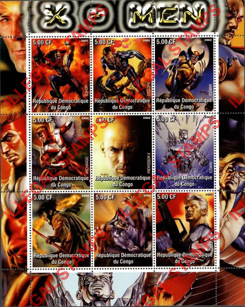 Congo Democratic Republic 2002 X-Men Illegal Stamp Sheet of 9