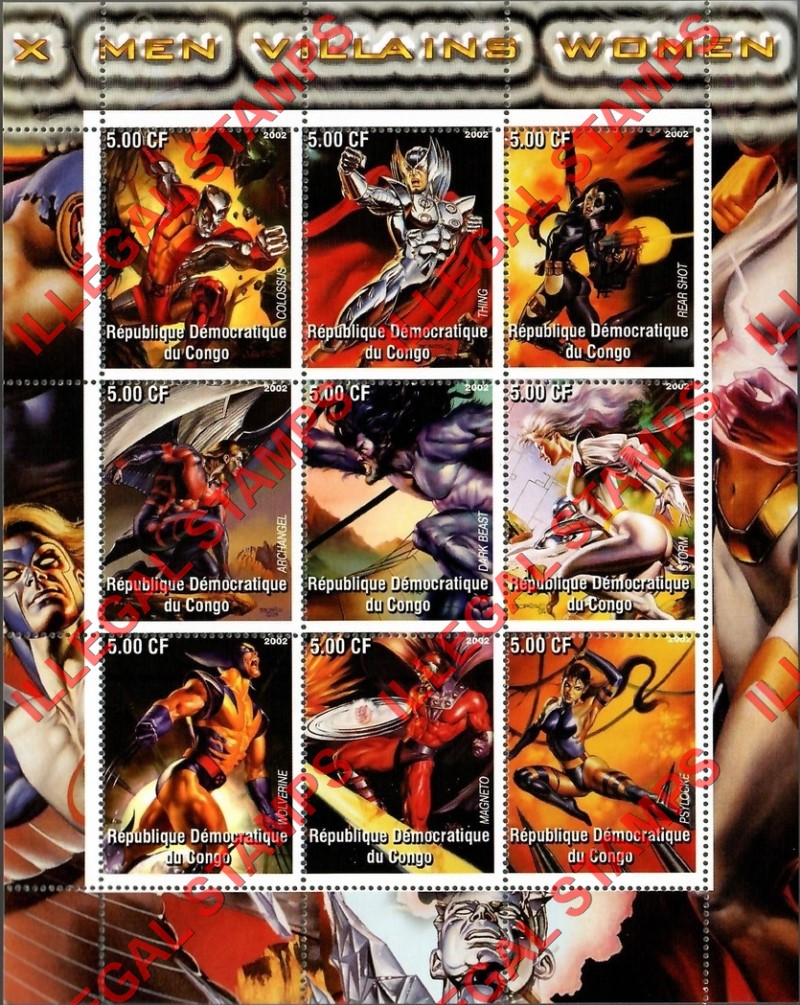 Congo Democratic Republic 2002 X-Men Villains and Women Illegal Stamp Sheet of 9