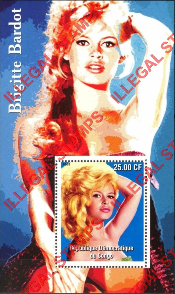 Congo Democratic Republic 2003 Brigitte Bardot Illegal Stamp Souvenir Sheet of 1