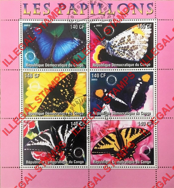 Congo Democratic Republic 2003 Butterflies Illegal Stamp Souvenir Sheet of 6