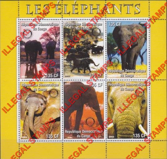 Congo Democratic Republic 2003 Elephants Illegal Stamp Souvenir Sheet of 6