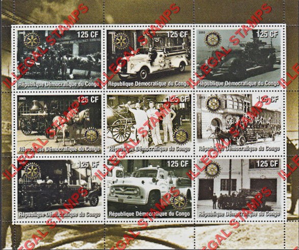 Congo Democratic Republic 2003 Fire Engines Illegal Stamp Sheet of 9