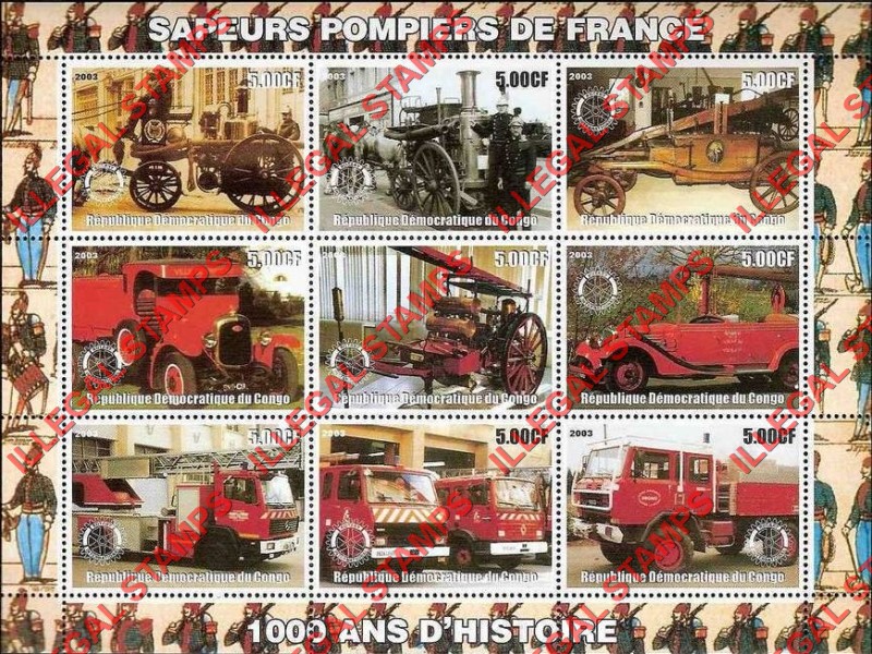 Congo Democratic Republic 2003 Firefighters of France Illegal Stamp Sheet of 9