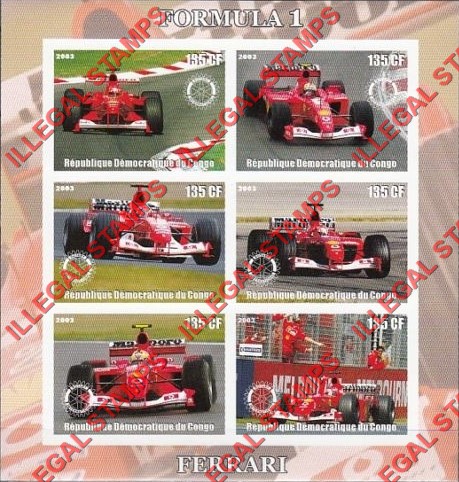 Congo Democratic Republic 2003 Formula I Ferrari Illegal Stamp Souvenir Sheet of 6