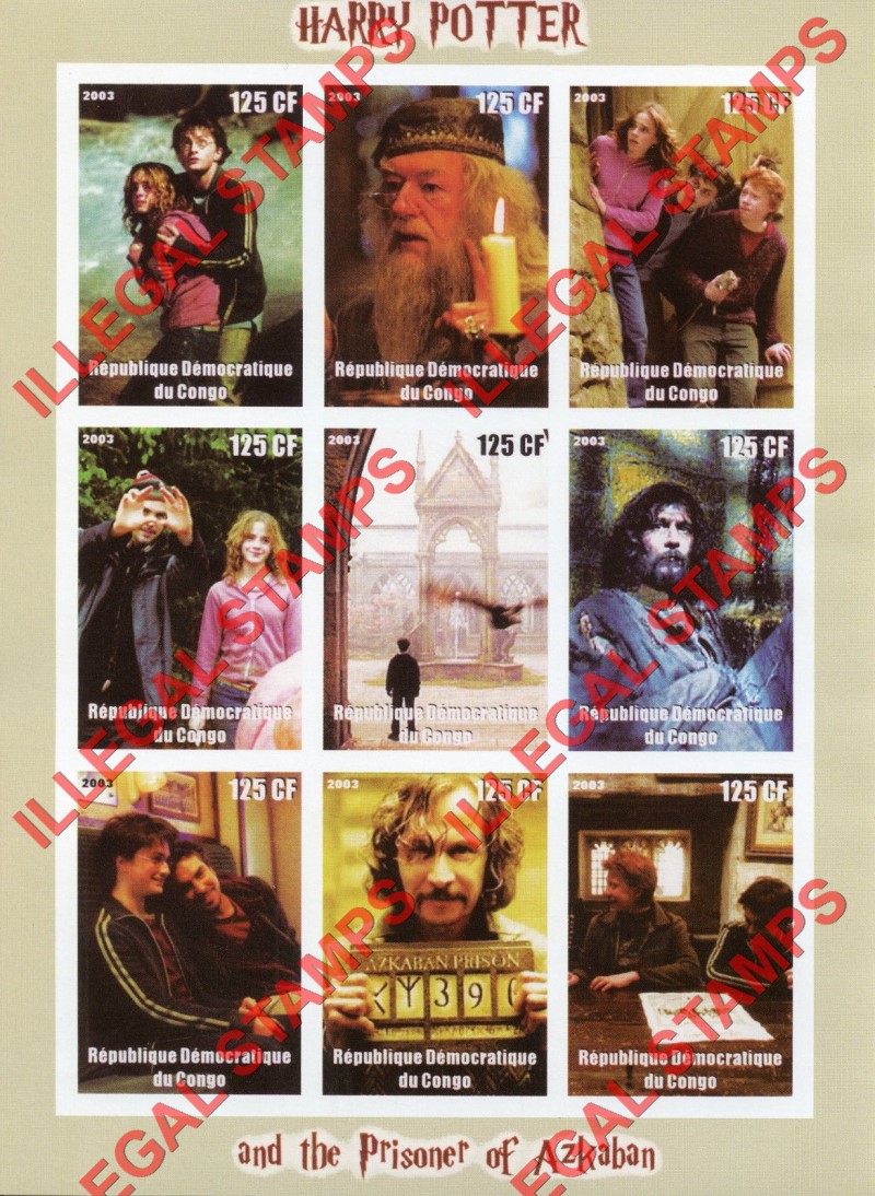 Congo Democratic Republic 2003 Harry Potter Illegal Stamp Sheet of 9