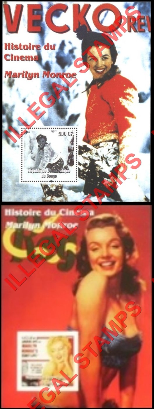 Congo Democratic Republic 2003 History of Cinema Marilyn Monroe Illegal Stamp Souvenir Sheets of 1